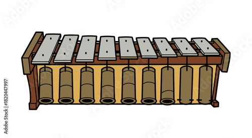 Illustration of a traditional musical instrument, a xylophone-like instrument with metal bars and bamboo resonators.
