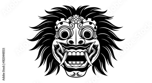 Vector illustration of a traditional Balinese mask with intricate details, sharp teeth, and flowing hair.