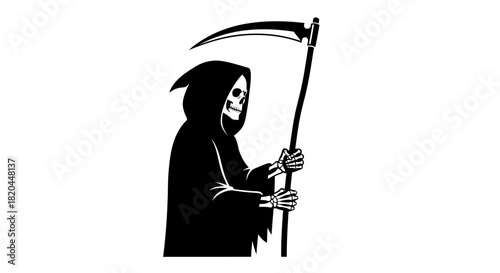 A grim reaper illustration, depicted in black and white, holding a scythe.