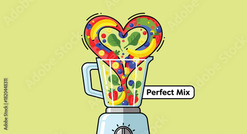 Healthy heart shaped smoothie being blended with fresh fruits and spinach in a blender