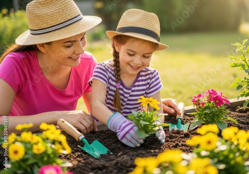Mother and daughter wearing straw hats, happily gardening together in a sunny backyard, planting flowers and enjoying outdoor activity