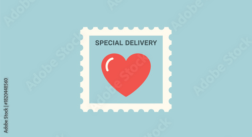 A red heart with the words special delivery on a postage stamp against a light blue background