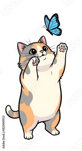 Playful Cat Reaching for Colorful Butterfly in Bright Illustration