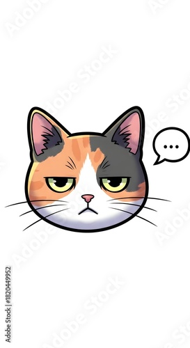 Grumpy Calico Cat Face Vector Illustration with Speech Bubble
