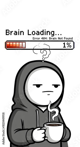 Creative Cartoon Illustration of Loading Brain with Coffee Mug