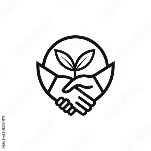 “Black line art symbol of two hands shaking, with a leaf emerging from the middle, sustainability partnership concept.”