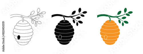 hanging beehives on branches tree logotype. Vector graphic line illustration. suitable for nature themes, honey labels, or eco friendly graphic elements. icon set.
