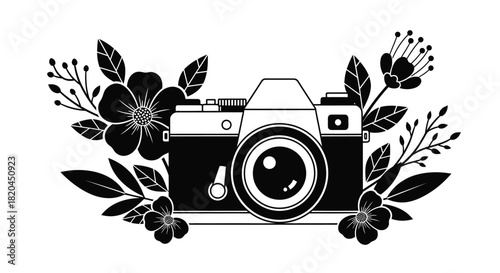 Vintage camera with floral design photography vector illustration
