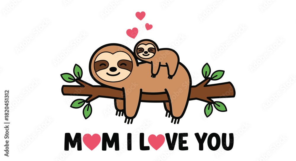 Naklejka premium Cute sloth mom and baby illustration for mother's day greeting