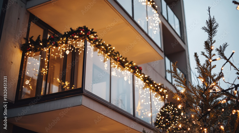Fototapeta premium Condo balcony decorated with Christmas lights and garland, evening city exterior, festive and warm holiday atmosphere