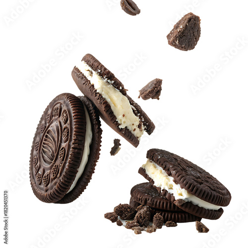 Chocolate sandwich cookies with cream filling falling