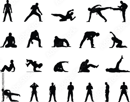 Silhouette martial arts poses, fighting stances, fitness movement collection, workout positions, self-defense training, athletic action set, dynamic body motion