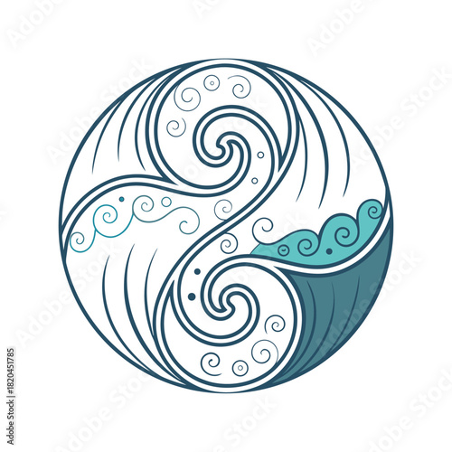 Yin Yang Style Circular Wave and Swirl Design with Teal Accents vector illustration