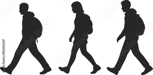 Silhouette walking figures, students with backpacks, pedestrian people icons, traveler silhouettes, urban walking movement, vector commuter characters illustration
