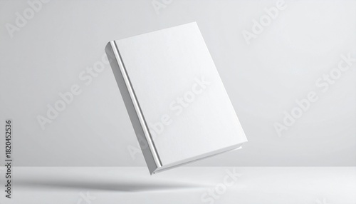 A blank, closed, white hardback book is shown suspended in the air with no title on its cover