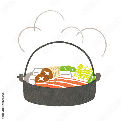 具材たっぷりのすき焼き鍋イラスト（冬の和食・湯気付き）