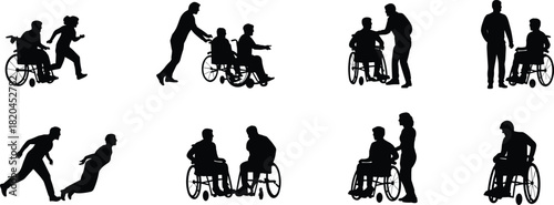 Silhouettes of caregivers assisting wheelchair users in various supportive actions, disability care concepts, mobility aid illustration for medical and community projects