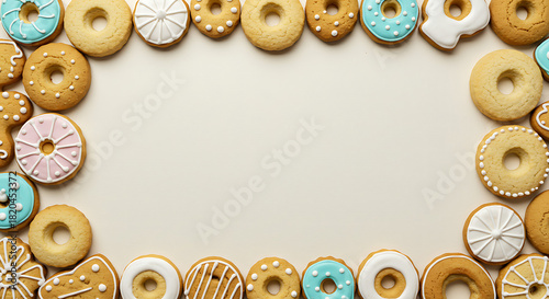 Round Sugar Cookies with Icing Decor in Pastel Colors on Cream Background