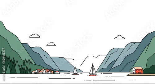 Vector fjord landscape illustration with sailboats and mountains view