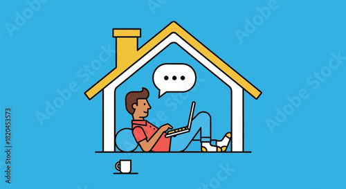 Illustration of man working from home with laptop and communication