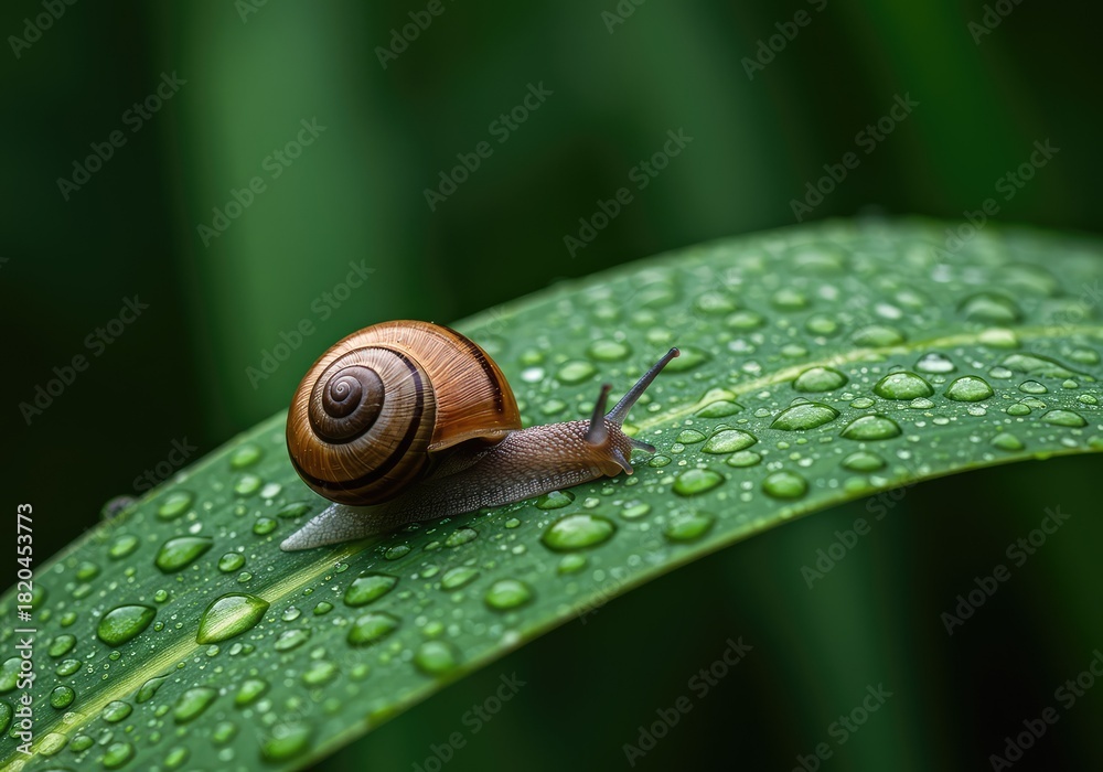 Obraz premium A common garden snail glides slowly across a vibrant green leaf, covered in dew drops, during a warm and humid summer day after heavy rain ,garden ,trail ,movement