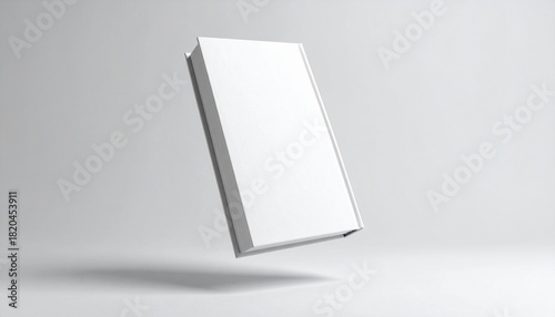 A single blank white hardcover book levitating against a clean studio background, a realistic 3D mockup for design presentation