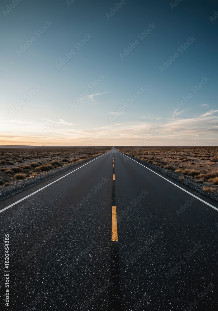 Fototapeta premium A desolate, straight asphalt road cutting through a flat landscape, vanishing far into the horizon beneath the expansive sky ,road ,challenge ,extensive