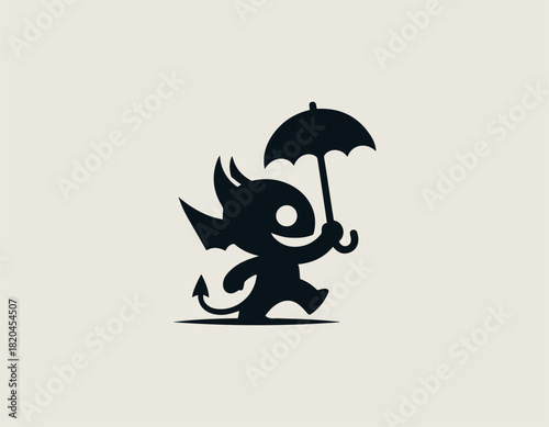 Quirky black silhouette of a confused cartoon gargoyle character gently holding a small umbrella against a light textured background