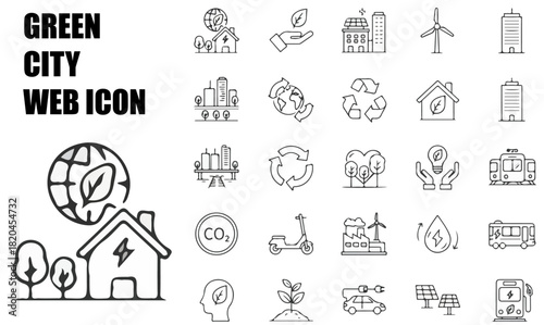Green City Line Icon Set: Sustainable Urban Living Linear Icons for Renewable Energy, Zero Waste, Environmental Protection and Eco-Friendly Buildings with Editable Stroke