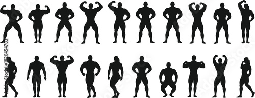 Silhouettes of muscular bodybuilders flexing and posing in various strong stances, fitness strength illustration for gym design, athletic physique concept