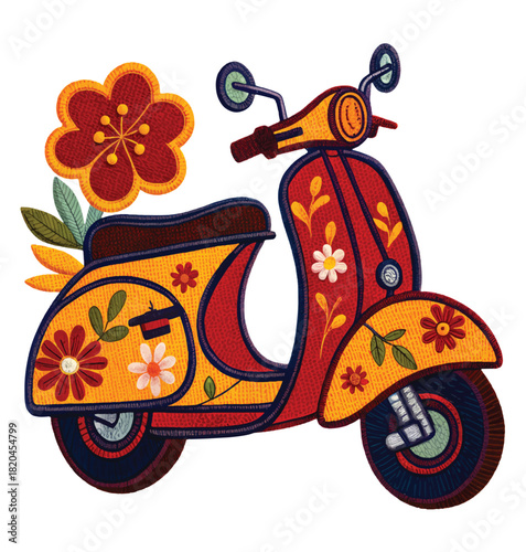 Stylish vintage scooter adorned with vibrant floral designs, perfect for adding a retro touch to your creative projects and evoking feelings of carefree joy