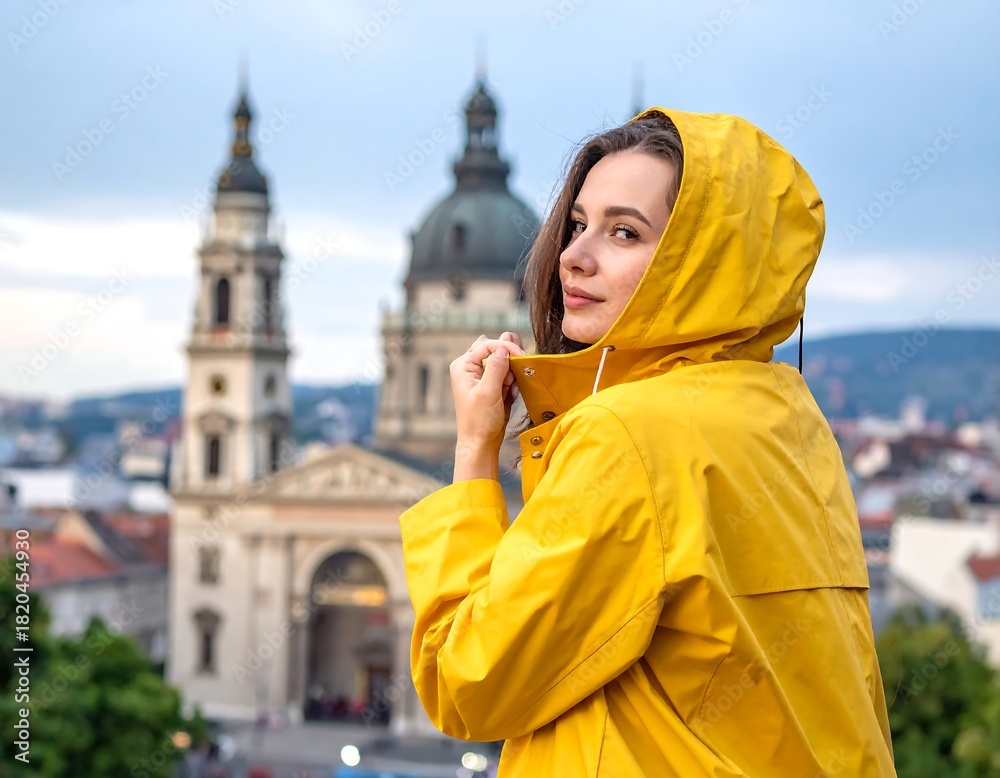 Fototapeta premium A young woman in a yellow raincoat poses with a European church in the background. She looks towards the camera