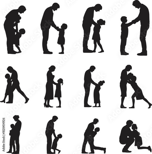 Silhouettes of parent interacting with child in caring poses, family love, support, guidance, affection, bonding illustration for creative design projects