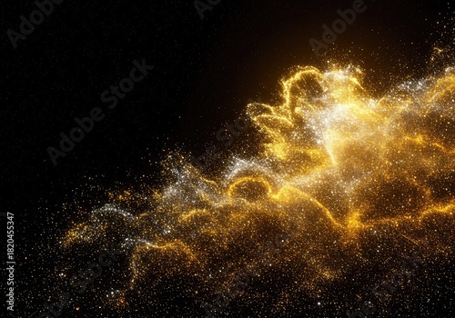 A mesmerizing cosmic cloud of glittering golden and silver particles drifting through deep space, symbolizing universal creation and elemental origins ,sparkling ,universe ,gold