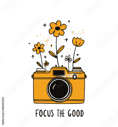 Focus on the Good – vintage camera illustration with floral accents and memories theme