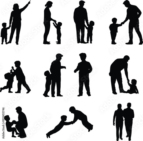 Silhouettes of parents interacting with children in playful and caring poses, family bonding, support, guidance, affection, and nurturing moments for design projects