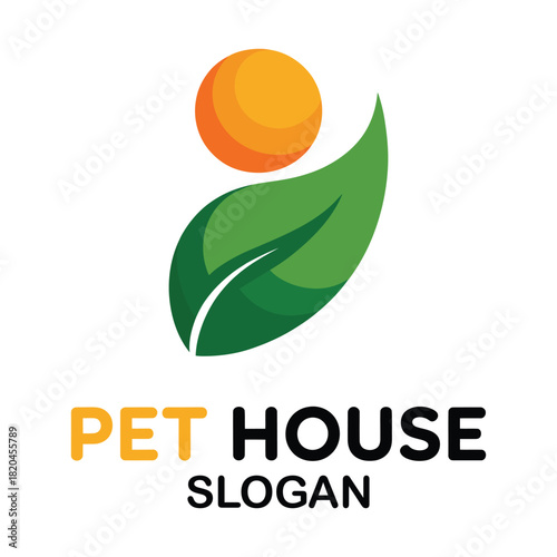 Pet house logo with green leaf and orange circle symbol vector