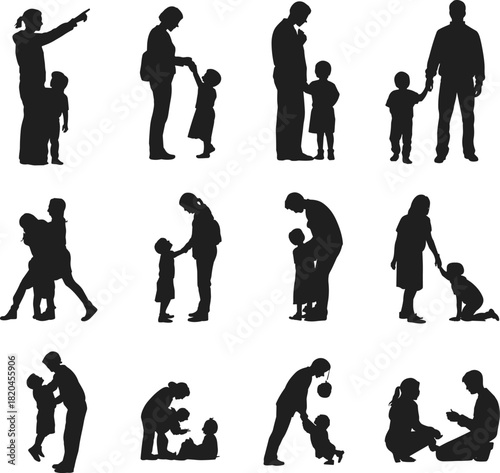 Silhouettes of parents interacting with children in various caring poses, family bonding, guidance, support, affection, and nurturing scenes for creative design projects