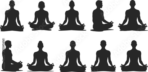 Silhouettes of people meditating in lotus pose, peaceful mindfulness practice, yoga relaxation, calm spiritual wellness illustration for holistic design projects