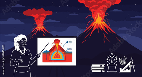 Volcanoes eruption diagram education geology science presentation night