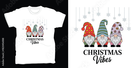 Christmas vibes tshirt design with three festive gnomes