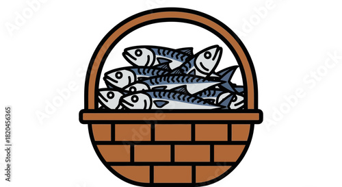 Basket of mackerel fish fresh catch fishing seafood cartoon illustration