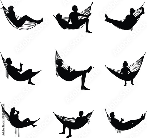Silhouettes of people relaxing in hammocks in various resting poses, leisure lifestyle, comfort, calm outdoor illustration for creative design and vacation projects