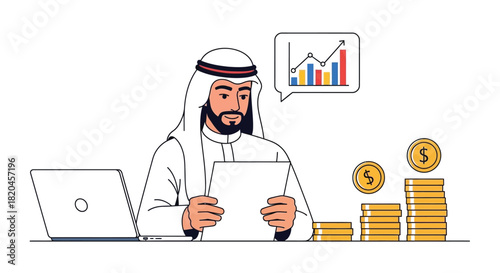 Arab businessman analyzing financial growth with laptop and coins
