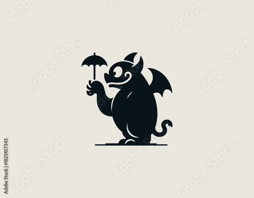 Quirky black silhouette of a confused cartoon gargoyle character gently holding a small umbrella against a light textured background