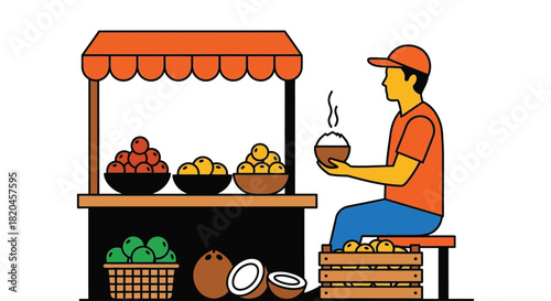Illustration of street food vendor selling fruits and cooked rice