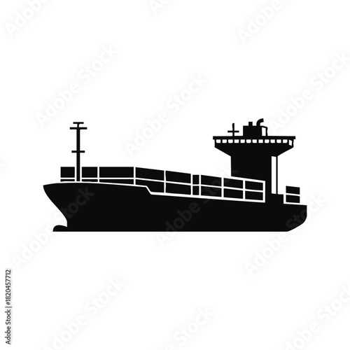 Container Ship Silhouette, Cargo Ship Icon, Black and White Freight Ship, Container Vessel Simple Graphic