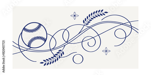 Baseball and Wheat Stalks with Swirling Lines in Dark Blue on Cream Background Keywords: baseball, wheat, stalks, swirling, lines, dark blue, cream
