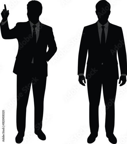 Silhouettes of two business professionals in suits standing and gesturing, leadership communication concept, corporate teamwork illustration, professional workplace scenario
