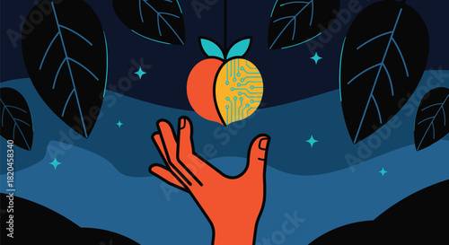 Peach technology illustration concept digital fruit hand design